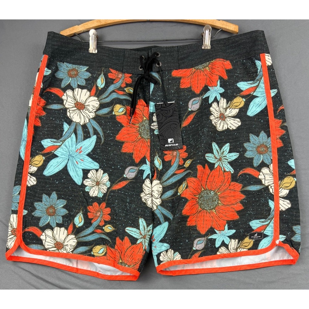 SurfCuz Board Shorts Mens 38 Black Floral Swim Trunks NWT Quick Dry Stretch